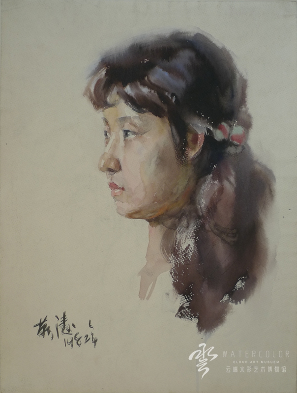 《女大学生》水彩画26X18cm靳涛1982年